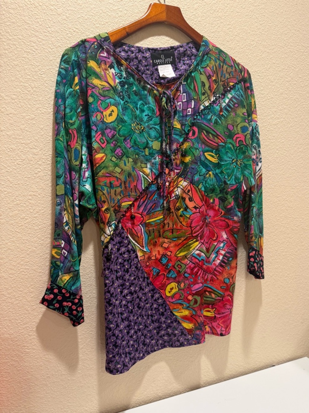 Carole Little Womens Multi Print Tunic Dress Bead Trim & Ruffle 80s Floral Sz10